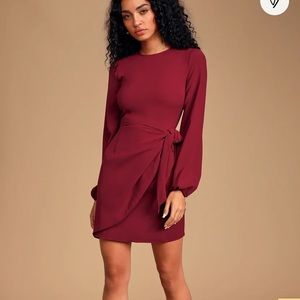 lulus believe it or knot wine red maroon long sleeve mini wrap dress SMALL